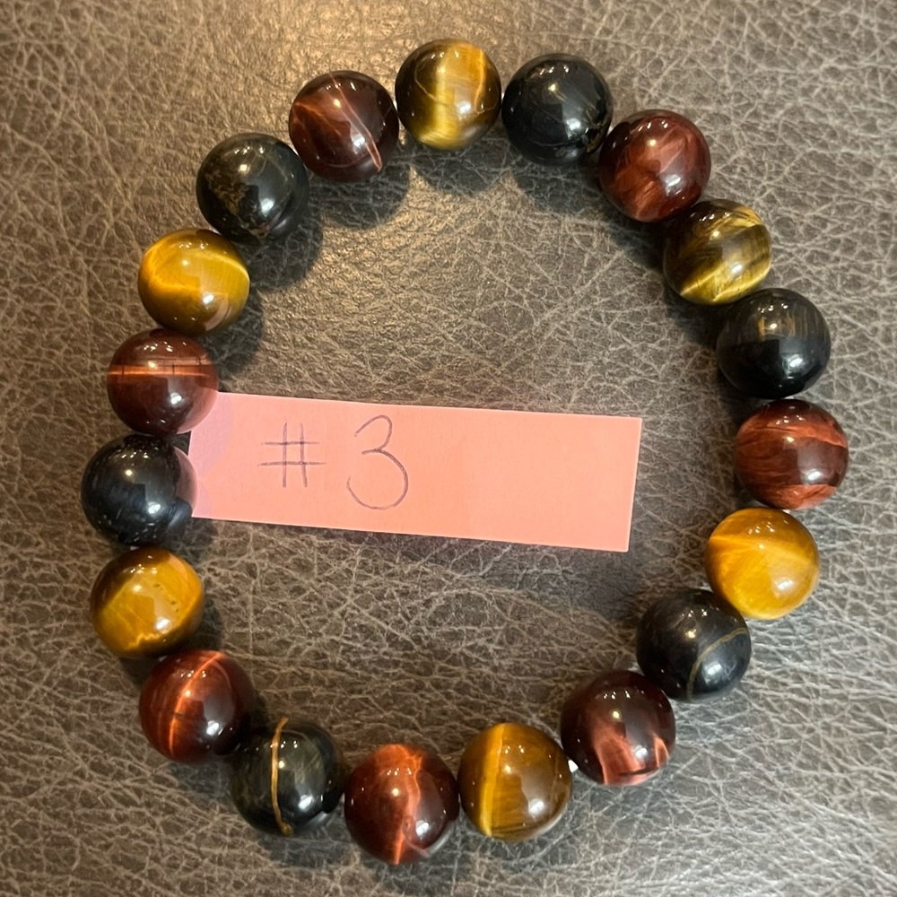 Triple Tigers Eye Stretch Bracelet Yellow Red Blue Tigers Eye Bracelet 14mm Bead - Picture 8 of 10